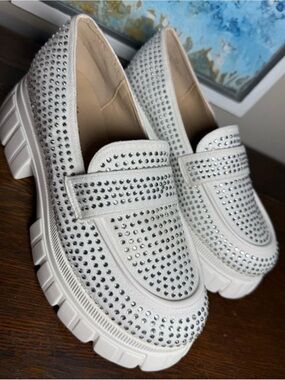 Versona Liliana Cohen-2 White Rhinestone Platform Loafers SZ 9-10 RUN SMALL
